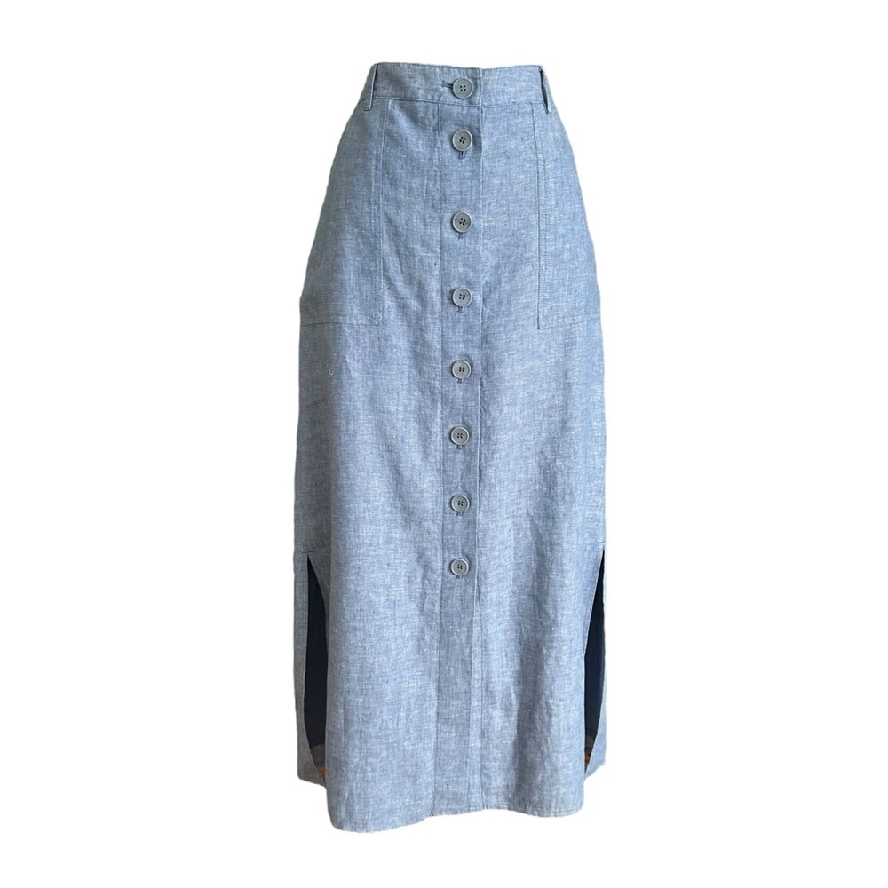 TALBOTS Blue Linen Midi Skirt Button Front‎ Cotton Lined Pockets Coastal Classic
